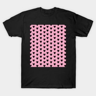 Black Hearts, Polka Dots, Pattern on Blush Pink T-Shirt